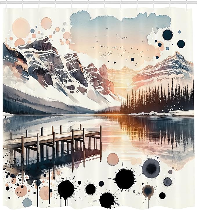 Ambesonne Lake Shower Curtain, Surreal Mountain Landscape Illustration Abstract Paint Splatter Blots, Cloth Fabric Bathroom Decor Set with Hooks, 69" W x 75" L, Peach and Pale Slate Blue