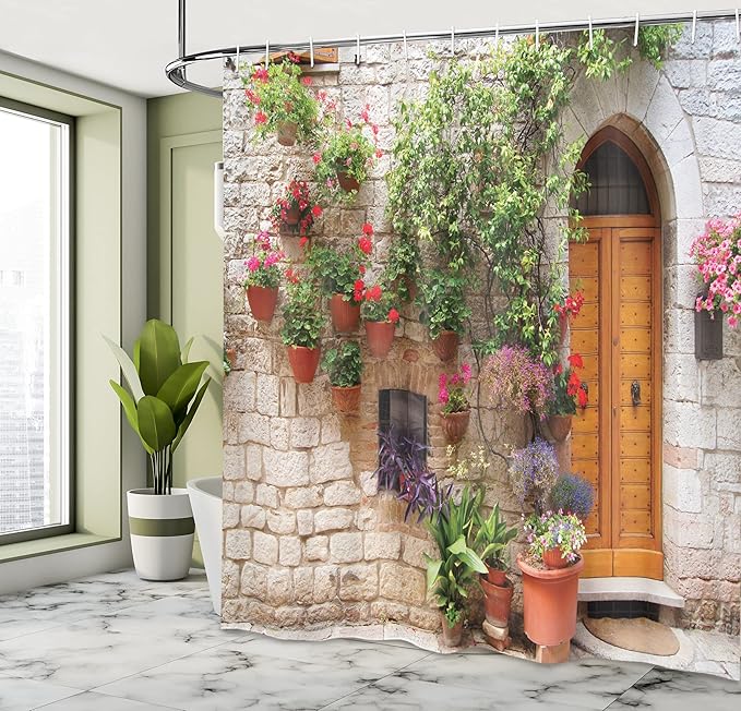 Ambesonne Tuscan Shower Curtain, Begonia Blossoms in Box Window Wooden Shutters Brick Wall Romagna Italy, Cloth Fabric Bathroom Decor Set with Hooks, 69" W x 75" L, Orange White Green