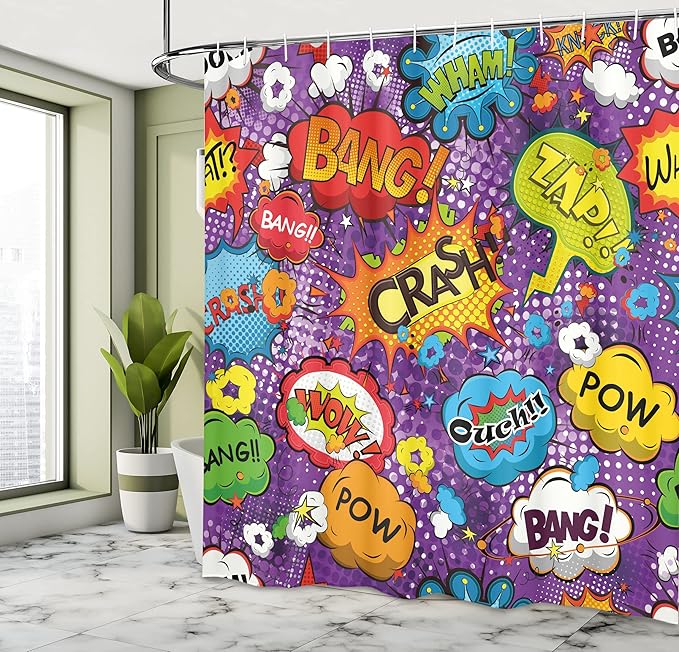 Ambesonne Retro Shower Curtain, Comic Book Style Speech Bubbles Effects Humorous Fun Pop Art Contemporary Design, Cloth Fabric Bathroom Decor Set with Hooks, 69" W x 75" L, Purple Orange