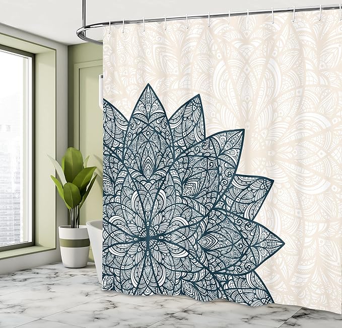 Ambesonne Ethnic Shower Curtain, Floral Mandala Middle Eastern Oriental Swirled Lines Art Print, Cloth Fabric Bathroom Decor Set with Hooks, 69" W x 75" L, Dark Sky