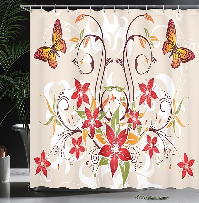 Ambesonne Floral Shower Curtain, Butterflies and Flourishing Swirled Blossoms Bouquet Botany Image, Cloth Fabric Bathroom Decor Set with Hooks, 69" W x 70" L, Beige Green Red