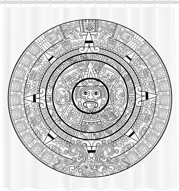 Ambesonne Mesoamerican Shower Curtain, Maya Calendar Accurate Antiquities Astrological Aztec Geometric Indigenous, Cloth Fabric Bathroom Decor Set with Hooks, 69" W x 70" L, Ivory Black