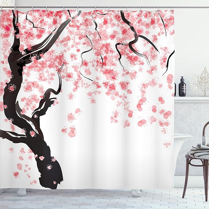 Ambesonne Floral Shower Curtain, Dogwood Tree Blossom in Watercolor Painting Effect Spring Season Theme Pinkish Tones, Cloth Fabric Bathroom Decor Set with Hooks, 69" W x 84" L, Black Pink