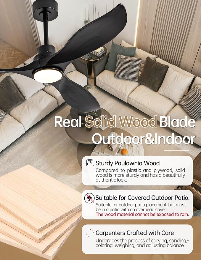 52 Inch Solid Wood Ceiling Fans with Lights and Remote, 3 Blade Black Outdoor Ceiling Fan with Wall Control, Dimmable, 6 Speeds, Noiseless DC Motor for Bedroom/Patios/Farmhouse/Living Room