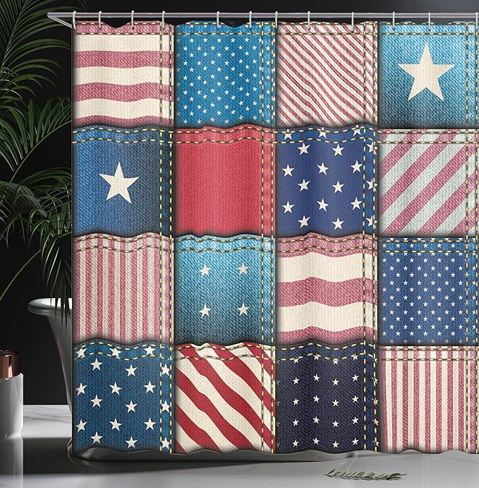 Ambesonne United States Shower Curtain, American Flag Patchwork with Vertical and Horizontal Stripe and Star Forms, Cloth Fabric Bathroom Decor Set with Hooks, 69" W x 70" L, Aqua Red