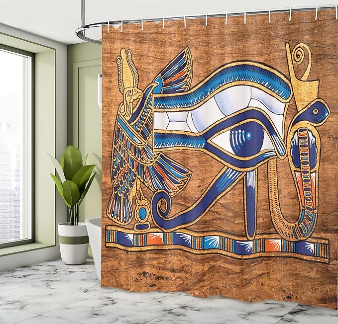 Ambesonne Egyptian Print Shower Curtain, Egyptian Art Papyrus Depicting Eye Mosaic Style Design, Cloth Fabric Bathroom Decor Set with Hooks, 69" W x 70" L, Navy Blue