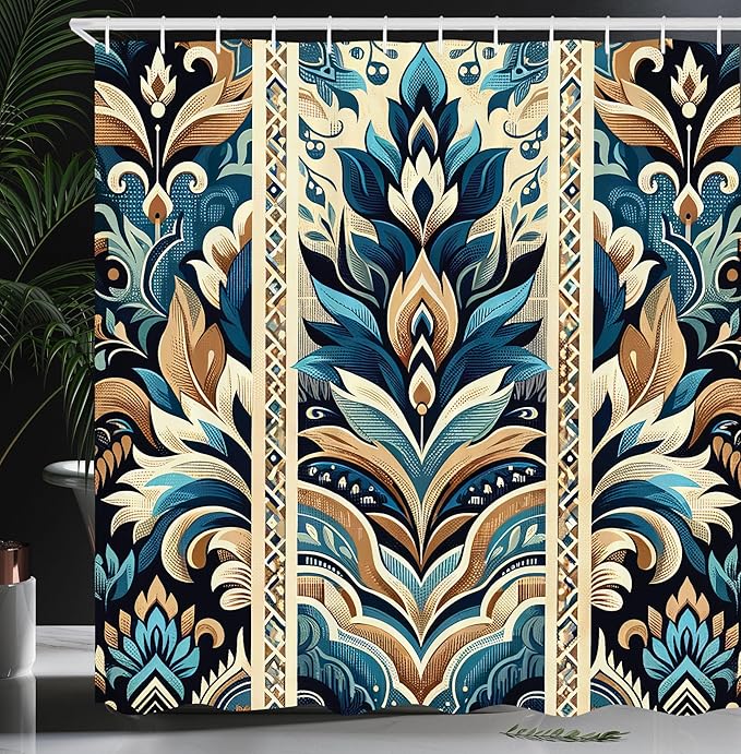Ambesonne Vintage Shower Curtain, Ethnic Leaves and Flourishing Botanical Balance Folkloric Influences, Cloth Fabric Bathroom Decor Set with Hooks, 69" W x 75" L, Azure Blue and Sand Brown