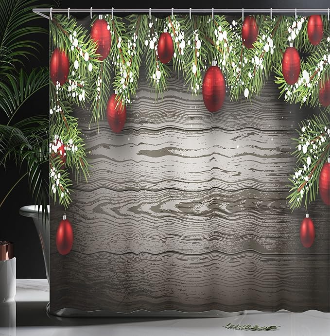Ambesonne Christmas Shower Curtain, Ornaments Nostalgic Historical Celebration and Reunion Themed Print, Cloth Fabric Bathroom Decor Set with Hooks, 69" W x 70" L, Brown Red