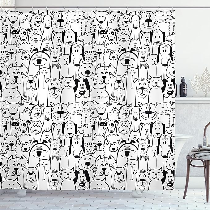 Ambesonne Pet Shower Curtain, Group of Dogs and Cats Animals Fun Happy Beings Cartoon Inspired Design, Cloth Fabric Bathroom Decor Set with Hooks, 69" W x 75" L, Black and White