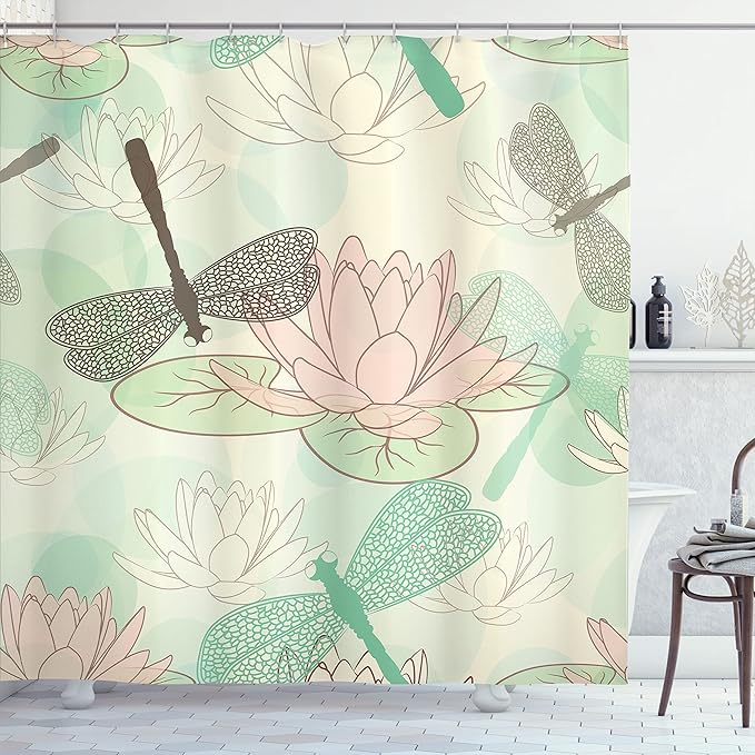 Ambesonne Dragonfly Shower Curtain, Floating Water Lily and Dragonfly on The Lake in Soft Color Design Print, Cloth Fabric Bathroom Decor Set with Hooks, 69" W x 75" L, Pink White