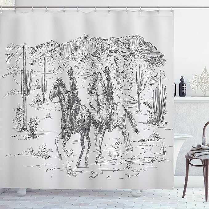 Ambesonne Western Shower Curtain, Country Theme Hand Drawn Illustration of American Wild West Desert with Cowboys, Cloth Fabric Bathroom Decor Set with Hooks, 69" W x 70" L, Light Grey