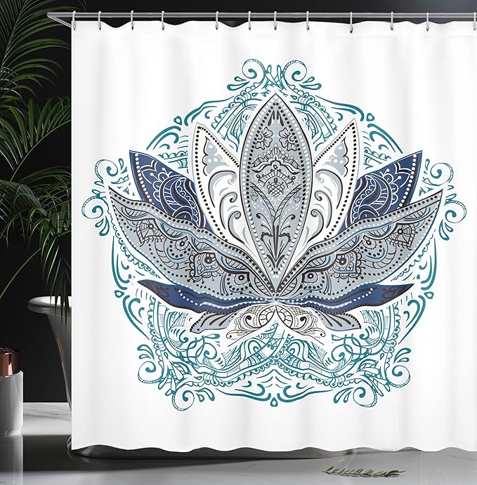 Ambesonne Lotus Shower Curtain, Flower Bloom Ornaments Exotic Petals Oriental Traditional Boho Design, Cloth Fabric Bathroom Decor Set with Hooks, 69" W x 84" L, Navy Grey