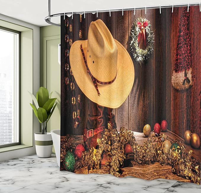 Ambesonne Western Shower Curtain, Farmhouse with Christmas Celebrations with Wreath Americana Style Image Print, Cloth Fabric Bathroom Decor Set with Hooks, 69" W x 75" L, Brown Cream