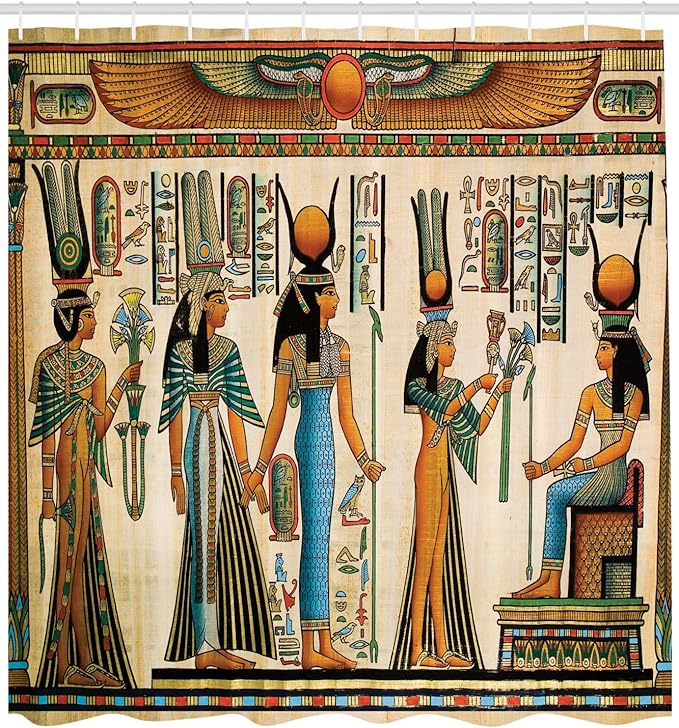 Ambesonne Egyptian Print Shower Curtain, Egyptian Papyrus Depicting Queen Nefertari Making an Offering to Isis Image, Cloth Fabric Bathroom Decor Set with Hooks, 69" W x 84" L, Teal Orange