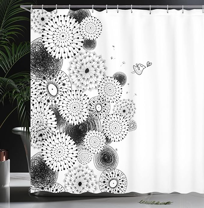 Ambesonne Black and White Shower Curtain, Dandelion Patterns with Circulating Sketchy Lines Bird Lion's Tooth Print, Cloth Fabric Bathroom Decor Set with Hooks, 69" W x 70" L, White Black