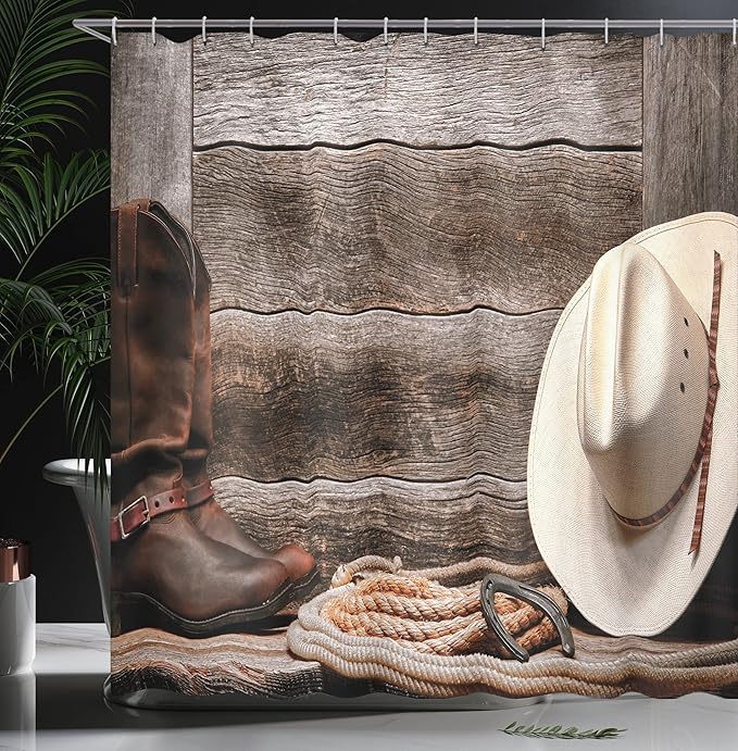 Ambesonne Western Shower Curtain, American West Rodeo Traditional Straw Cowboy Hat Leather Boots Print, Cloth Fabric Bathroom Decor Set with Hooks, 69" W x 75" L, Brown Tan