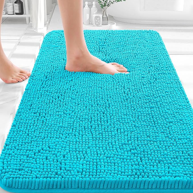 OLANLY Bathroom Rugs 35x24, Extra Soft Absorbent Chenille Bath Rugs, Rubber Backing Quick Dry, Machine Washable Bath Mats for Bathroom Floor, Tub and Shower, Home Decor Accessories, Aqua Sky