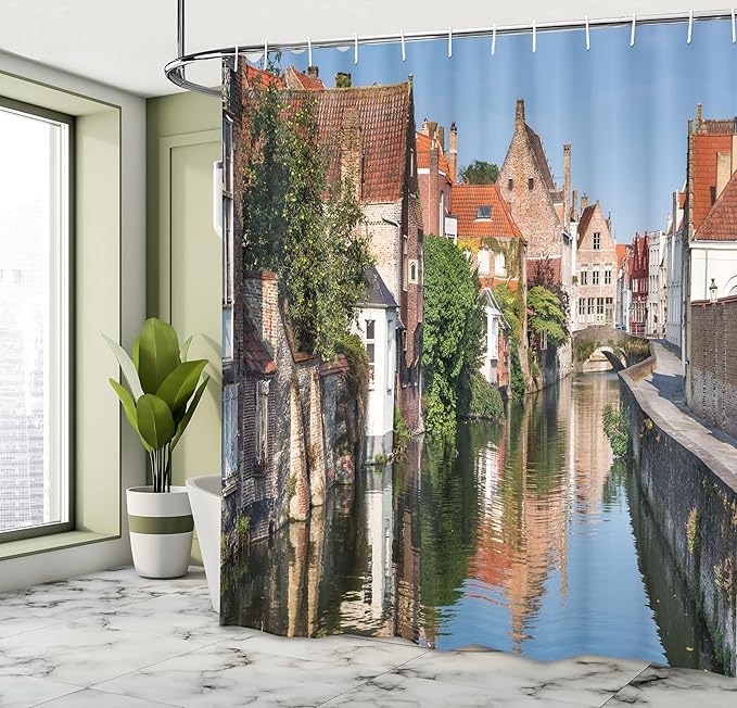 Ambesonne European Shower Curtain, Vivid Scenery Water Canal in Bruges Old Town Tale Heritage Image Print, Cloth Fabric Bathroom Decor Set with Hooks, 69" W x 70" L, Coral Green
