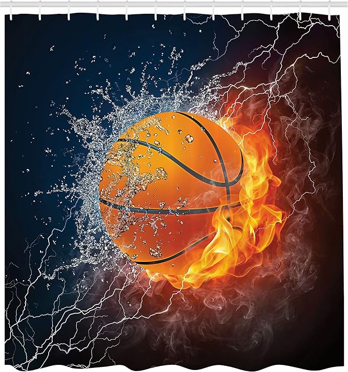 Ambesonne Sports Shower Curtain, Basketball Ball and Water Splashing Thunder Lightning Themed Design, Cloth Fabric Bathroom Decor Set with Hooks, 69" W x 84" L, Dark Blue and Burgundy