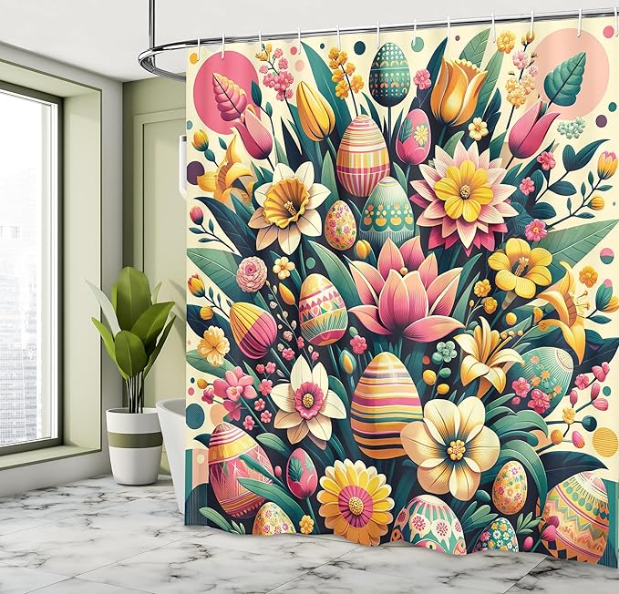 Ambesonne Spring Shower Curtain, Vintage Whimsical Ethnic Eggs Eastern and Flowers on Creamy Background, Cloth Fabric Bathroom Decor Set with Hooks, 69" W x 70" L, Jade Green Cream Pink
