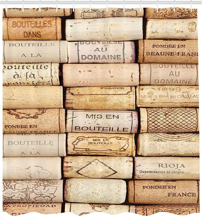 Ambesonne Winery Shower Curtain, Different Wine Corks Arranged in a Line French Aged Drinking Themed Closeup Art Macro Print, Cloth Fabric Bathroom Decor Set with Hooks, 69" W x 84" L, Ivory Brown
