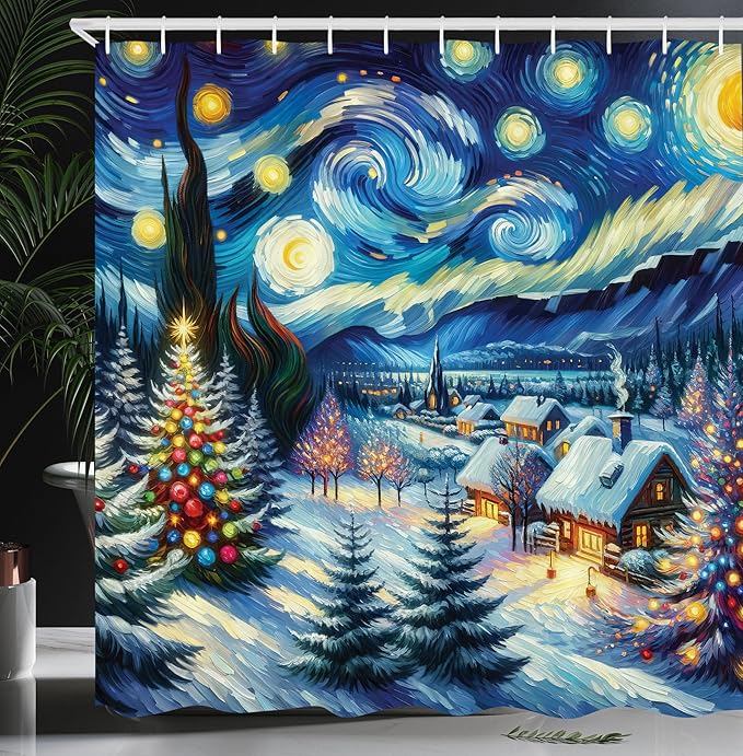 Ambesonne Christmas Shower Curtain, Starry Night with Snowy Roof Houses and Xmas Tress Paint Print, Cloth Fabric Bathroom Decor Set with Hooks, 69" W x 70" L, Blue Evergreen and Mustard