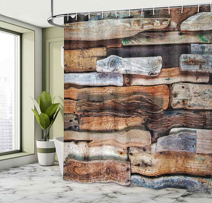 Ambesonne Driftwood Shower Curtain, Wooden Theme Driftwood and Knotty Planks in The Vintage Style Design Digital Image, Cloth Fabric Bathroom Decor Set with Hooks, 69" W x 70" L, Brown