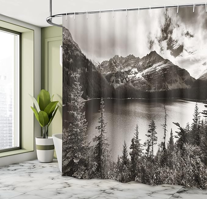 Ambesonne National Parks Shower Curtain, Alpine Area Province Waterfront Recreation Relaxation Getaway Design, Cloth Fabric Bathroom Decor Set with Hooks, 69" W x 75" L, White Black