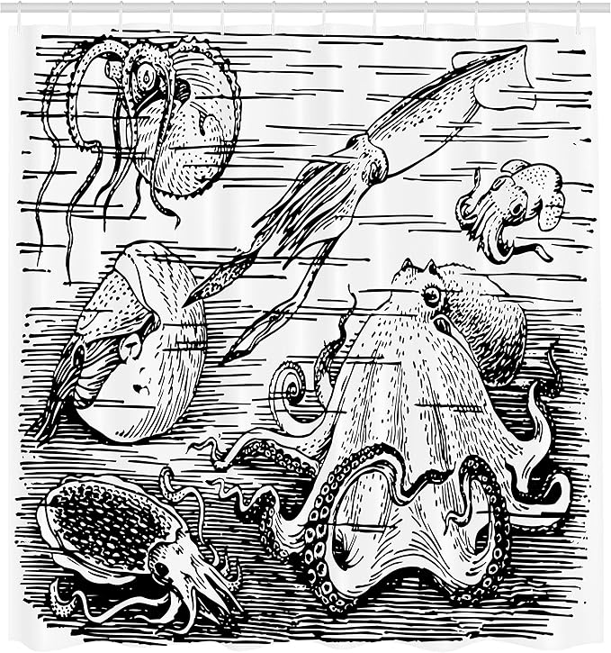 Ambesonne Octopus Shower Curtain, Marine Wildlife Print Animals with Tentacles Octopus Squid Shrimp Ocean Nature, Cloth Fabric Bathroom Decor Set with Hooks, 69" W x 70" L, Black White