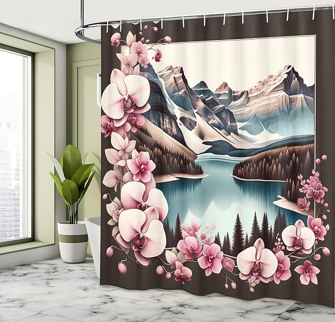 Ambesonne Lake Shower Curtain, Orchid Branches Around Mountain Landscape Spring Joy Outdoorsy View, Cloth Fabric Bathroom Decor Set with Hooks, 69" W x 75" L, Pink Brown and Cadet Blue