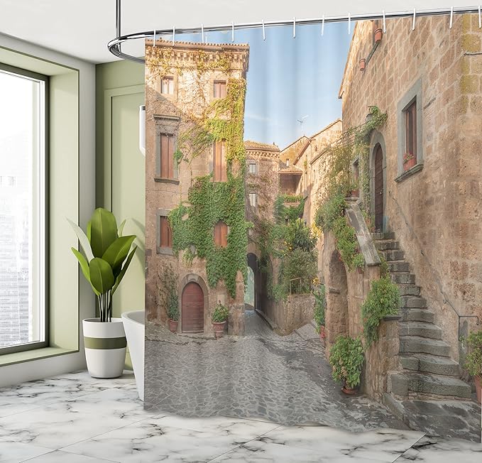 Ambesonne Tuscan Shower Curtain, Village Houses with Colorful Flowers Outside in Burano Village Venice Italy Image, Cloth Fabric Bathroom Decor Set with Hooks, 69" W x 70" L, Green Ivory
