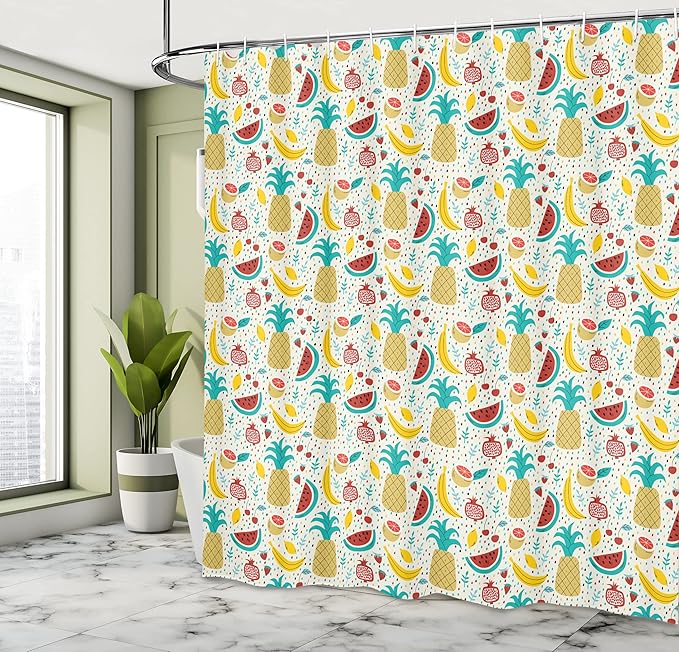 Ambesonne Food Shower Curtain, Fruits Banana Pomegranate Pineapple Watermelon Lemon Kitchen Cafe Abstract Graphic, Cloth Fabric Bathroom Decor Set with Hooks, 69" W x 75" L, Turqupise Mustard