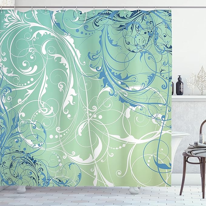 Ambesonne Floral Shower Curtain, Baroque Swirl Branches Curved Flower Leaves Shabby Form Nature Pattern, Cloth Fabric Bathroom Decor Set with Hooks, 69" W x 84" L, Fern Green