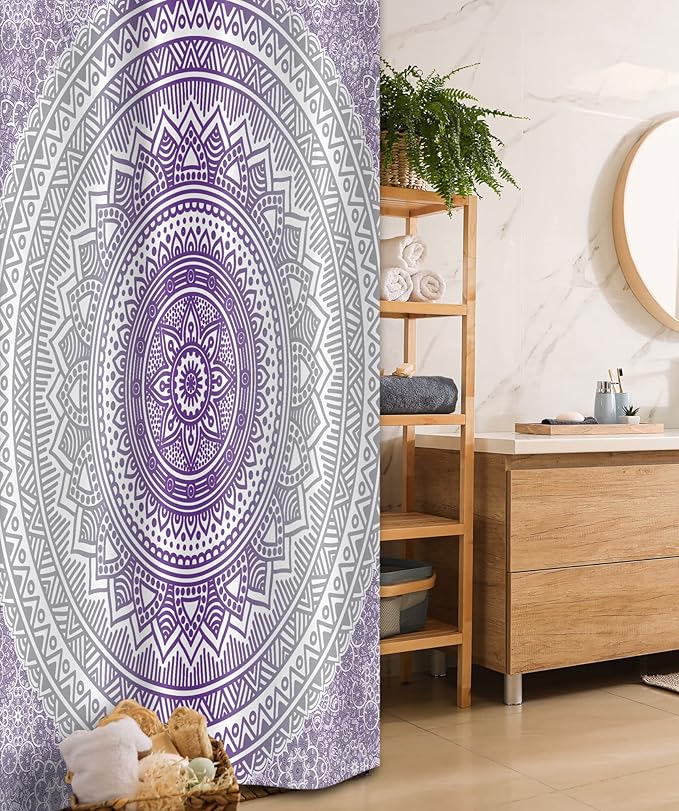 Ambesonne Grey and Purple Stall Shower Curtain, Eastern Traditional of Cosmos Pattern Boho Ombre Mandala Design Print, Fabric Bathroom Decor Set with Hooks, 36" W x 72" L, Purple White