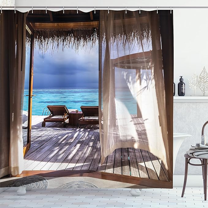 Ambesonne Coastal Shower Curtain, Romantic Wooden Bungalow on The Water Deckchairs Maldives Beach Summer Relax, Cloth Fabric Bathroom Decor Set with Hooks, 69" W x 70" L, Brown Blue