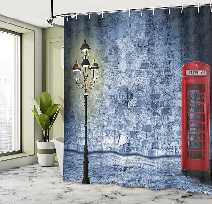 Ambesonne British Shower Curtain, Vintage Scene Brick Wall and British Phone Box in Dark Night Twilight, Cloth Fabric Bathroom Decor Set with Hooks, 69" W x 70" L, Violet Blue Vermilion