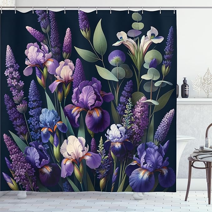 Ambesonne Lavender Shower Curtain, Fantasy Woodland Scenario of Blooming Iris Flowers with Leaves Bohemian, Cloth Fabric Bathroom Decor Set with Hooks, 69" W x 75" L, Violet Reseda Green