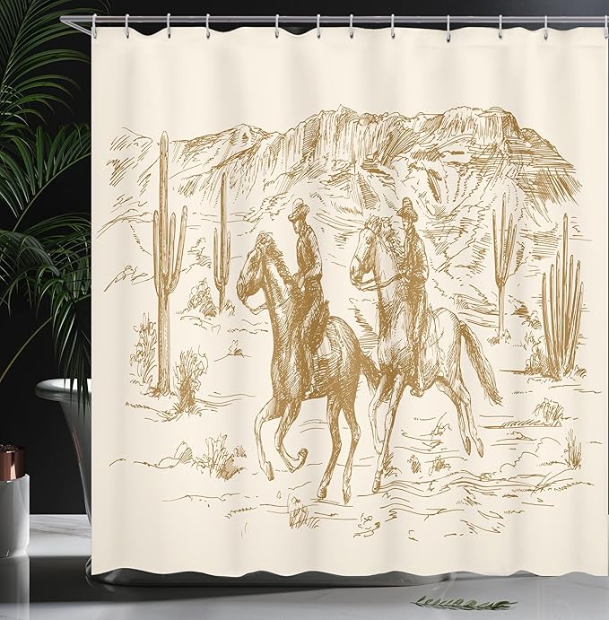 Ambesonne Western Shower Curtain, Country Theme Hand Drawn Illustration of American Wild West Desert with Cowboys, Cloth Fabric Bathroom Decor Set with Hooks, 69" W x 70" L, Pale Coffee