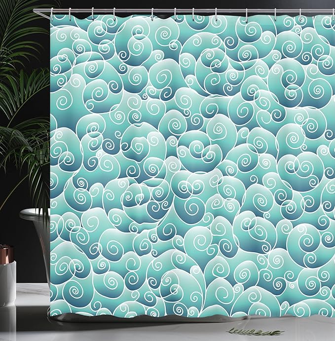 Ambesonne Teal Shower Curtain, Abstract Pattern of Swirling Spirals Waves in an Ornamental Style Inspired by The Wind Art, Cloth Fabric Bathroom Decor Set with Hooks, 69" W x 84" L, Turquoise Teal