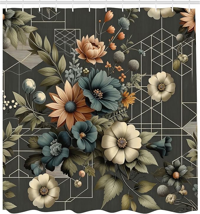 Ambesonne Floral Shower Curtain, Abstract Mysterious Flowers Bouquet with Symmetric Lines on Dark Backdrop, Cloth Fabric Bathroom Decor Set with Hooks, 69" W x 75" L, Dark Teal Peach Camel