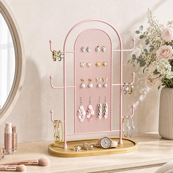 bussdis Jewelry Holder Organizer Earring Display - Earring Storage Tree Stands Towers With 6 Hooks 300 Studs Wood Tray Pink Metal Rack