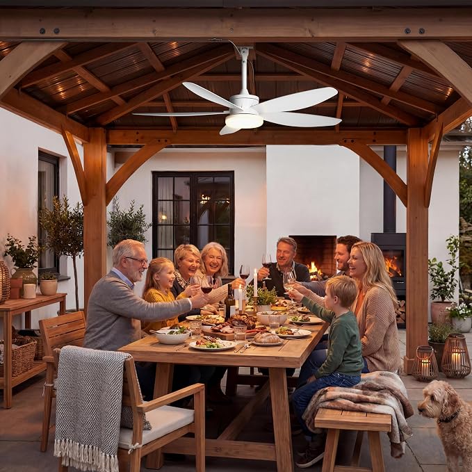 Outdoor Ceiling Fan with Lights, 48 Inch Plug in Gazebo Fans with Remote APP Control, Quiet DC Motor, Dimmable 3CCT, Waterproof Hanging Fans for Covered Patios, Porch, White