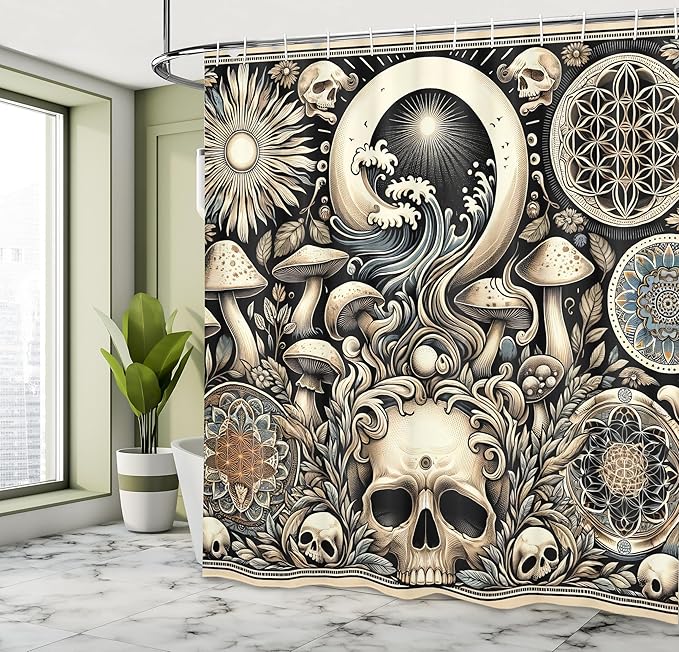 Ambesonne Gothic Art Shower Curtain, Concealed Illustration of Mushroom Skulls and Mandala Motives, Cloth Fabric Bathroom Decor Set with Hooks, 69" W x 70" L, Eggshell and Charcoal Grey