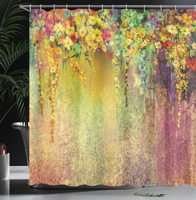 Ambesonne Flower Shower Curtain, Abstract Herbs Alternative Medicine Blossoms Ivy Back Florets Shrubs Design, Cloth Fabric Bathroom Decor Set with Hooks, 69" W x 70" L, Earth Yellow