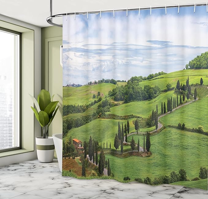 Ambesonne Tuscan Shower Curtain, Mediterranean Landscape House Trees Vineyard Agriculture, Cloth Fabric Bathroom Decor Set with Hooks, 69" W x 70" L, Pale Blue White