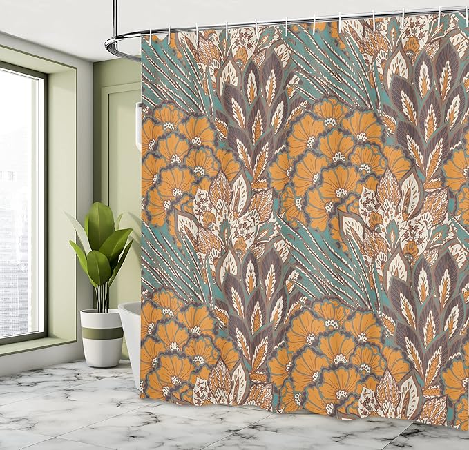 Ambesonne Floral Shower Curtain, Pattern of Flowers and Peacock Feathers Floral Arrangement Art, Cloth Fabric Bathroom Decor Set with Hooks, 69" W x 70" L, Petrol Blue Pale Coffee