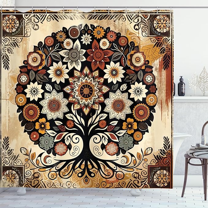 Ambesonne Boho Floral Shower Curtain, Vintage Exotic Tree of Life Inspired Paint on Rusty Weathered Print, Cloth Fabric Bathroom Decor Set with Hooks, 69" W x 84" L, Mustard Beige Cinnamon