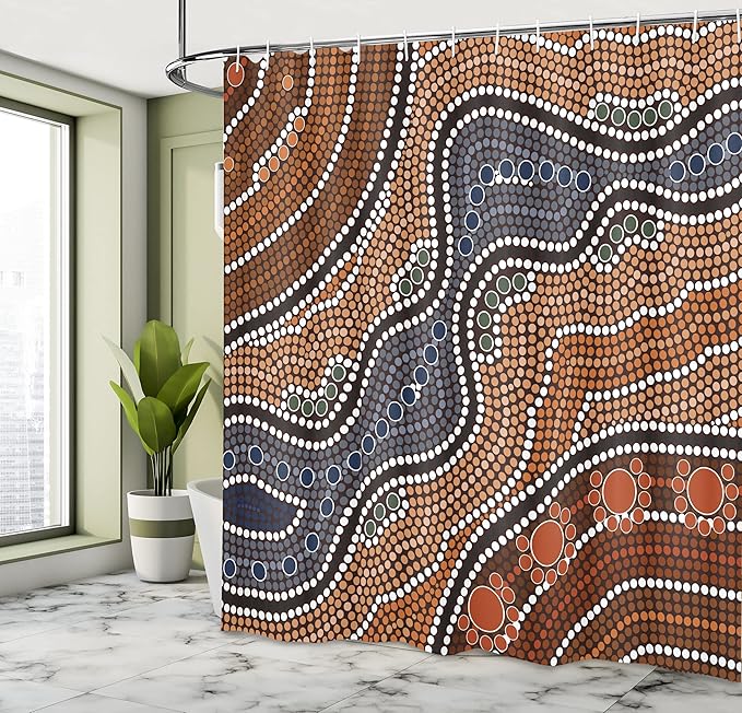 Ambesonne Art Shower Curtain, Aboriginal Culture Inspired by an Abstract Nature Scene of Native Australian People and Wildlife Art, Cloth Fabric Bathroom Set with Hooks, 69" W x 75" L, Orange Brown