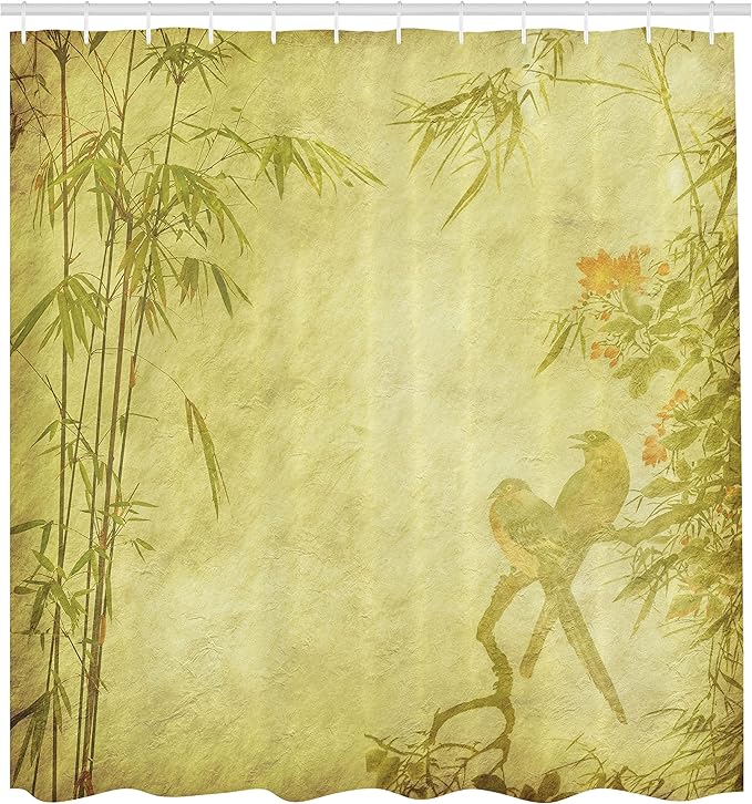 Ambesonne Asian Themed Shower Curtain, Silhouettes of Birds on The Branch Twig Retro Inspired Wild Life Art Print, Cloth Fabric Bathroom Decor Set with Hooks, 69" W x 84" L, Green