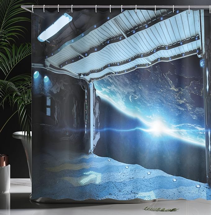 Ambesonne Outer Space Shower Curtain, Interstellar Airlock Shuttle Runway Journey to The Stars Invasion View Sci-Fi, Cloth Fabric Bathroom Decor Set with Hooks, 69" W x 75" L, Grey Blue